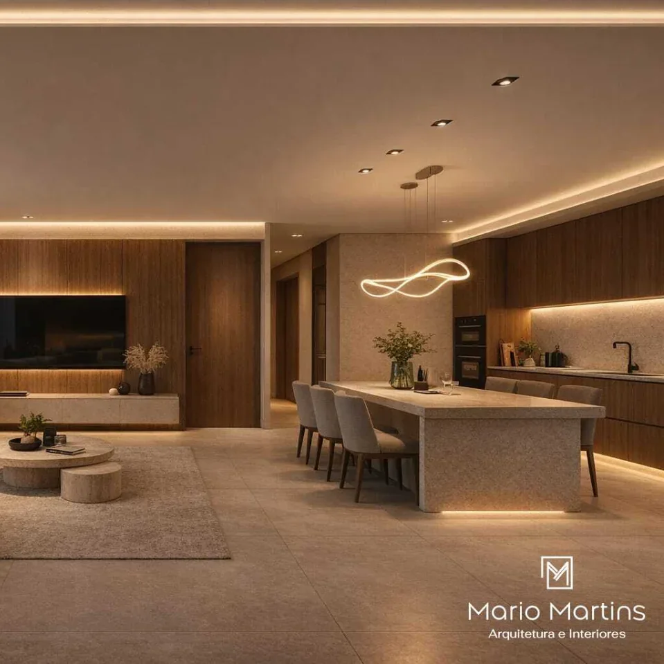 Conceito de interiores integrados com estar, painel de madeira iluminado em LED, ilha gourmet e luminária pendente orgânica.