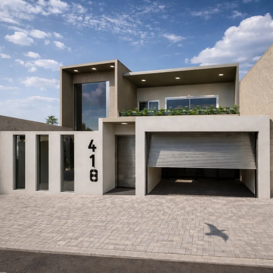 Volumetria contemporânea de fachada residencial com marquise em balanço, esquadrias verticais e garagem integrada.