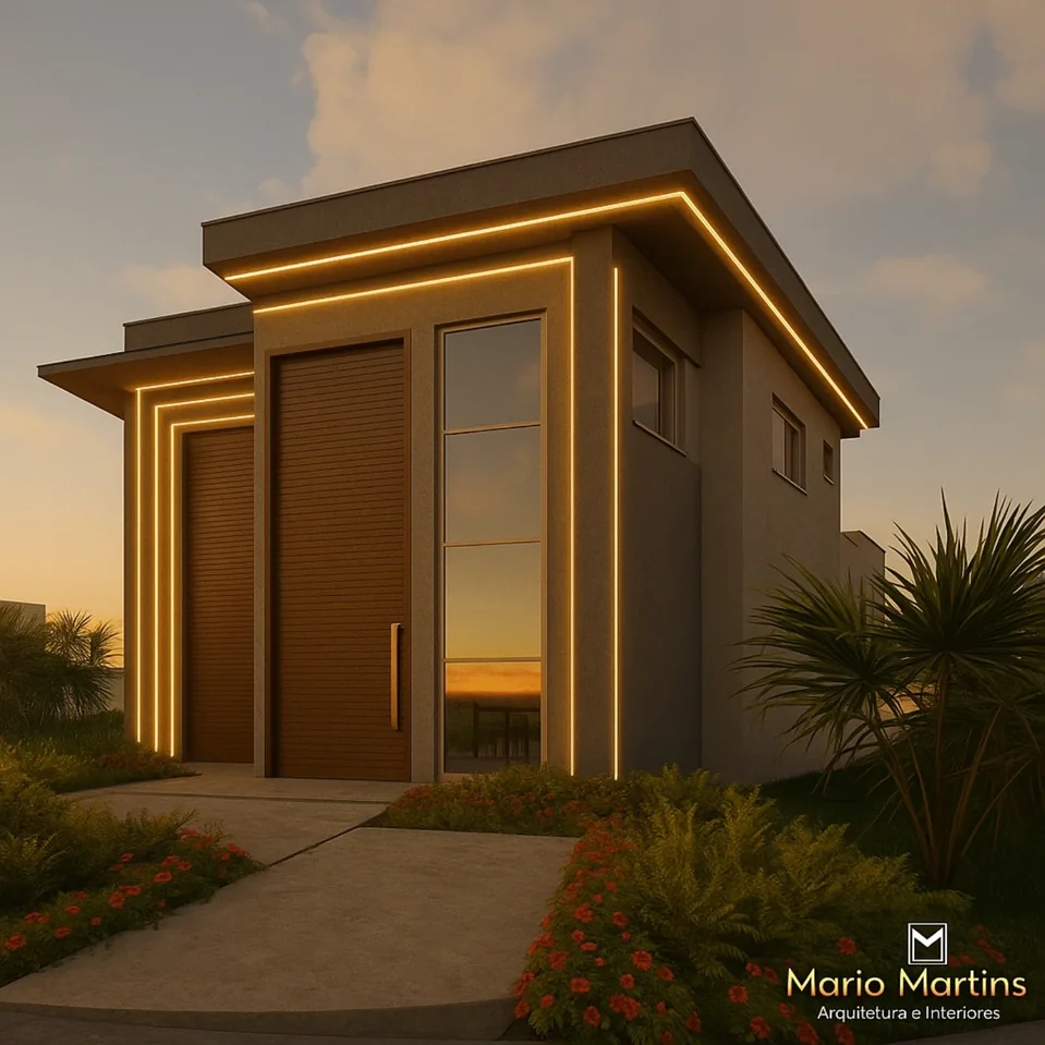 Fachada contemporânea ao entardecer com iluminação perimetral linear em LED e paisagismo integrado.