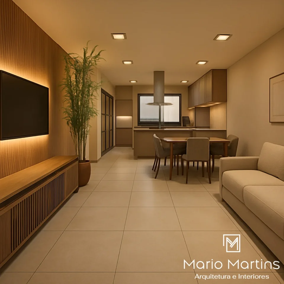 Ambiente integrado de estar e jantar com painel ripado iluminado, mobiliário contemporâneo e transição para cozinha gourmet.