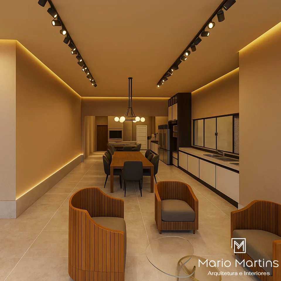 Espaço gourmet e sala de jantar contemporânea com trilho de iluminação técnica no teto, pendente moderno e poltronas em madeira curva.